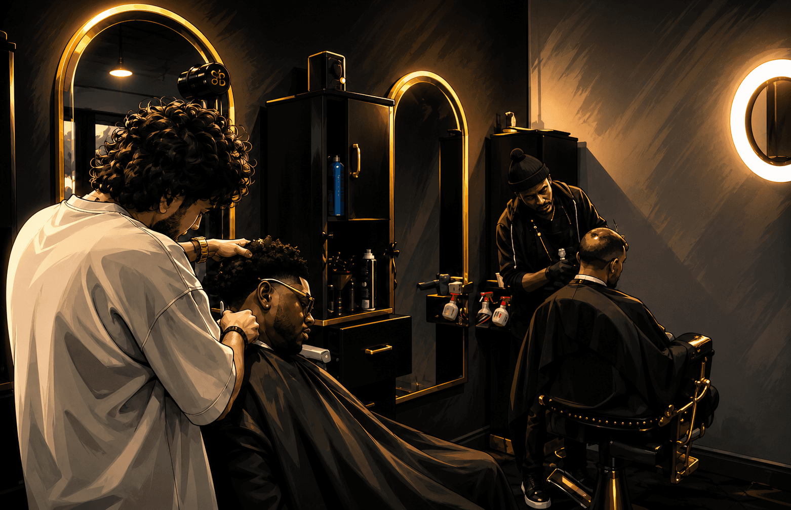 Stylized black and gold barbershop scene